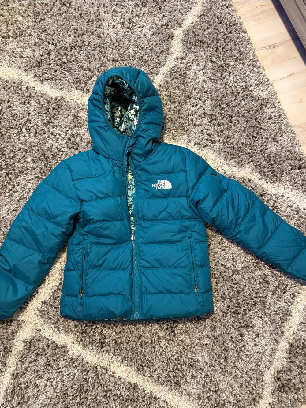 The North Face Teal Hooded Girls Kids Puffer Jacket